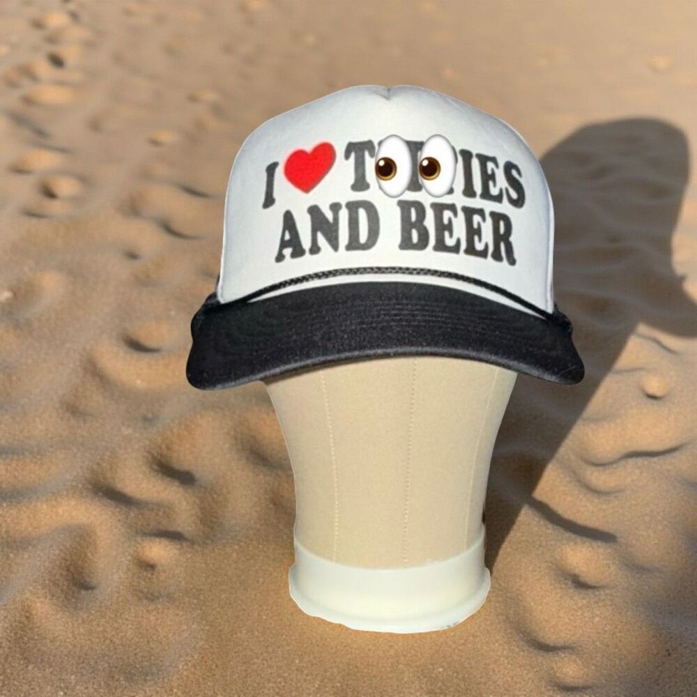 Adult Humor “l Heart Ti**ies & Beer” Puffy Black White Adjustable Trucker Hat